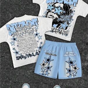 Graphic Star Print Tee & Shorts Set in Light Blue & White